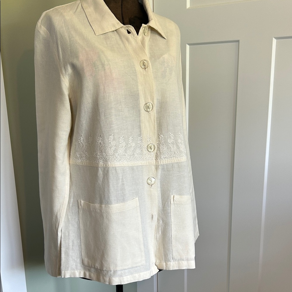 April Cornell linen cotton blend layering jacket deep pocket long sleeves button